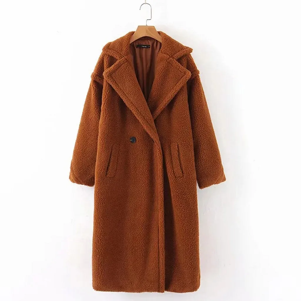 Зимнее женское длинное пальто, верхняя одежда, однотонный длинный рукав, мех ягненка, лацкан, теплое плюшевое пальто, куртка с отложным воротником, женское длинное пальто