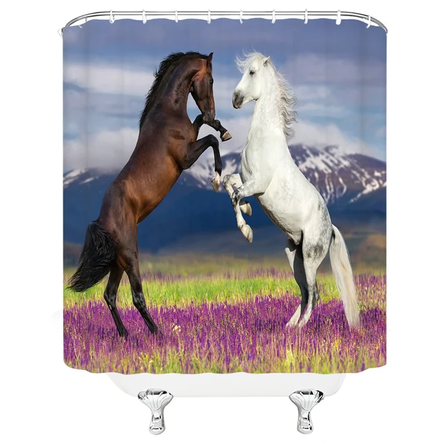 Black White Horse Shower Curtains Strong Animal Running on the Snow Bathroom Decor Home Bathtub Waterproof Polyester Curtain Set ZW3996