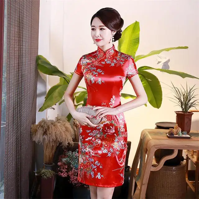 Женский тонкий большой размер 3XL-6XL китайский стиль вечерние атласное выпускное платье Мандарин воротник короткий Qipao сексуальный принт цветок Cheongsam Vestidos - Цвет: Red - B