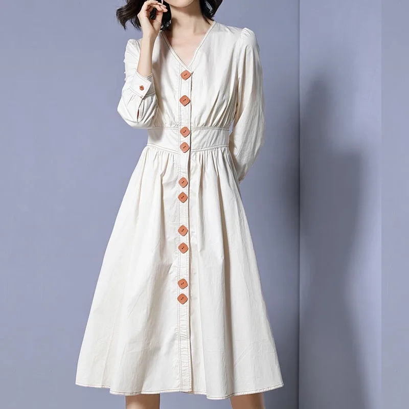 

2019 Women Loose V-Neck Button Plus Size Dress A-Line Office Lady High Waist Pleated Dress Solid Long Sleeve Midi Dress