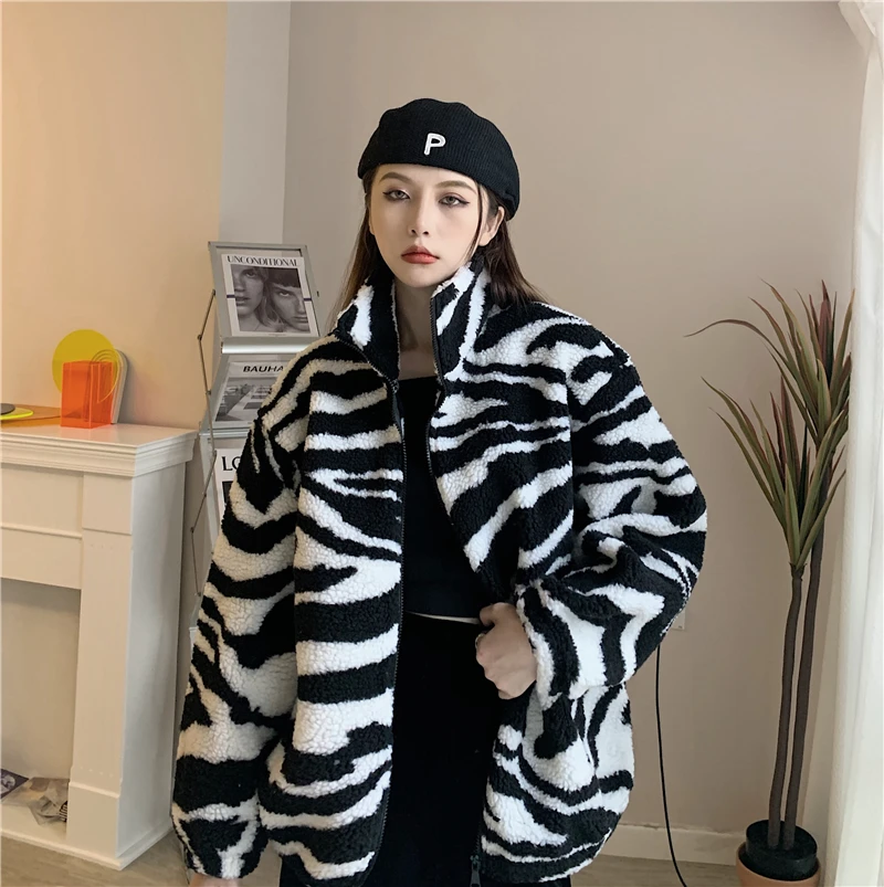 

Korean Winter Harajuku BF Style Cotton Clothes Vintage Leopard Loose Full Sleeve Jacket Lambswool Keep Warm Zipper Outerwear