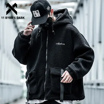 

11 BYBB'S DARK Big Pockets Ribbons Lambswool Hooded Jackets Men Harajuku Streetwear Hip Hop Jacket Coat Cotton Male Overcoats