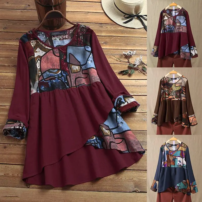 Женская блузка с принтом ZANZEA Kaftan Лоскутные Топы повседневные рубашки с длинными рукавами женские блузы с круглым вырезом Цветочная Туника негабаритных
