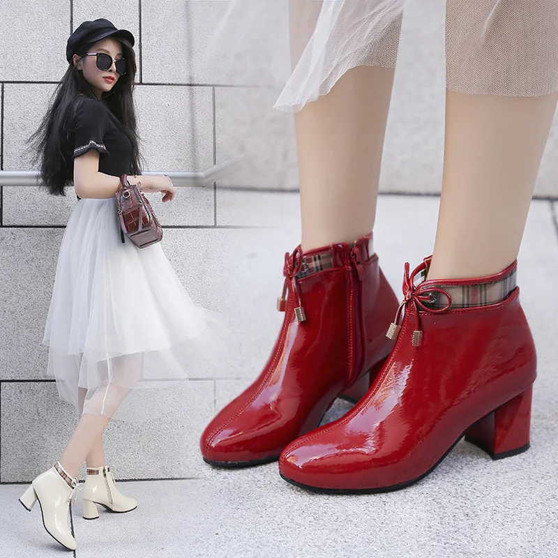

2019 Autumn & Winter New Style Martin Boots Women's Chunky-Heel Bow Short Boots Semi-high Heeled round-Toe plus Velvet Ankle Boo