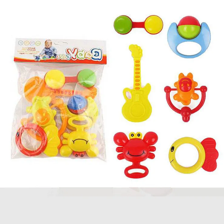 Qkoall 6pcs Baby Toys 0-12 Months Educational Baby Rattle Plastic Bell For Toddlers 1pc Intellectual Development BPA Free Toy