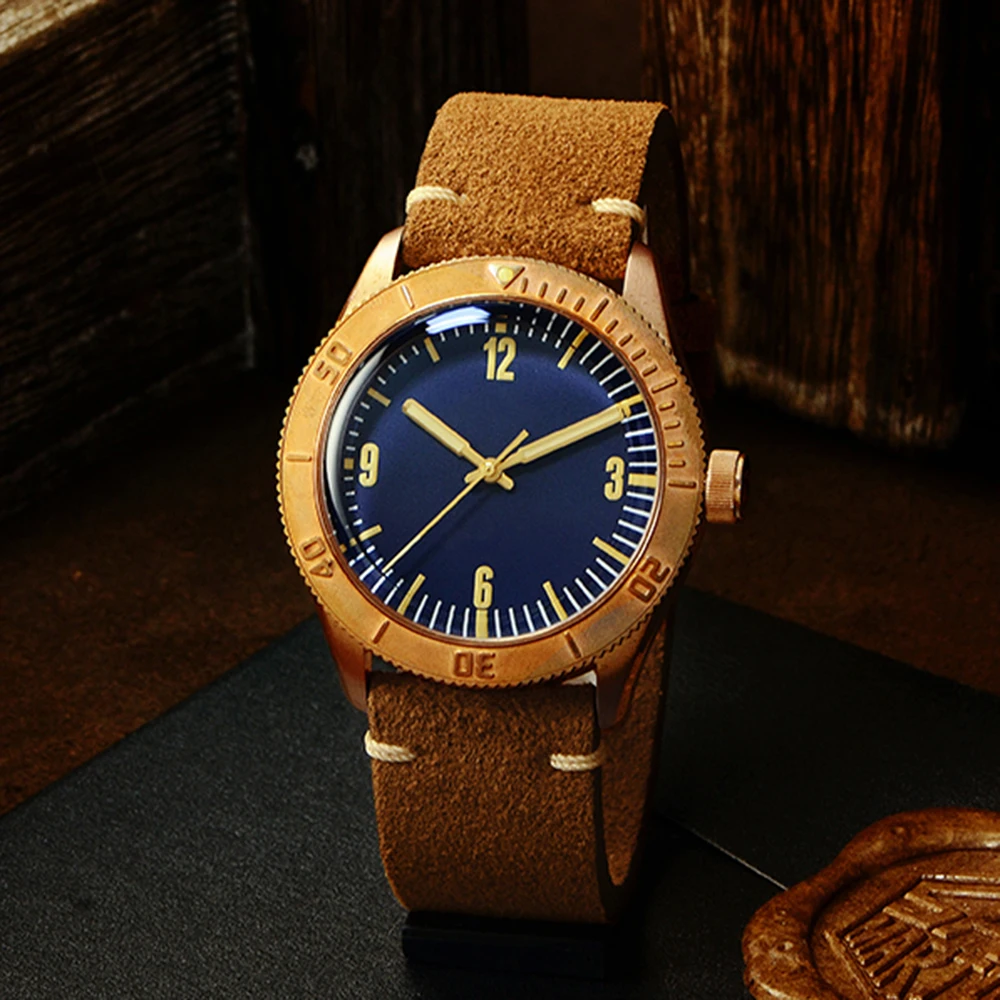 Новые мужские бронзовые часы CuSn8 San Martin, автоматические наручные часы для дайвинга, Водонепроницаемость 200 м, сапфировое стекло, мужские часы - Цвет: no logo blue