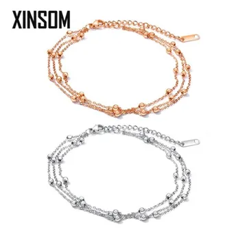 

XINSOM Korean Multilayers Anklets For Women Girls Rose Gold Silver Color Stainless Steel Anklets Fashion Jewelry Gifts 20XS896
