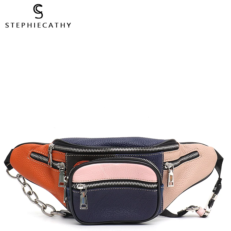 

SC Multi Color Patchwork Waist Pack Chest Bags Women Small Zip Pockets Belt Shoulder Bag Genuine Leather Ramdon Color Girl Purse