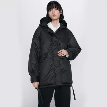 

2019 ZA Women Fashion Cotton Clothes Loose Jacket Bread Coat Hooded Winter Black Tooling Coat New Parkas Zipper Office Lady