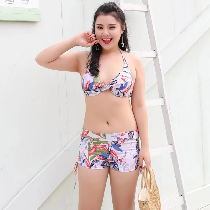 

2018 New Style Large Size Two-piece Swimsuits Sun-resistant Blouse Large Bust Push up Boxers Three-piece Set Fat Mm Swimming Sui