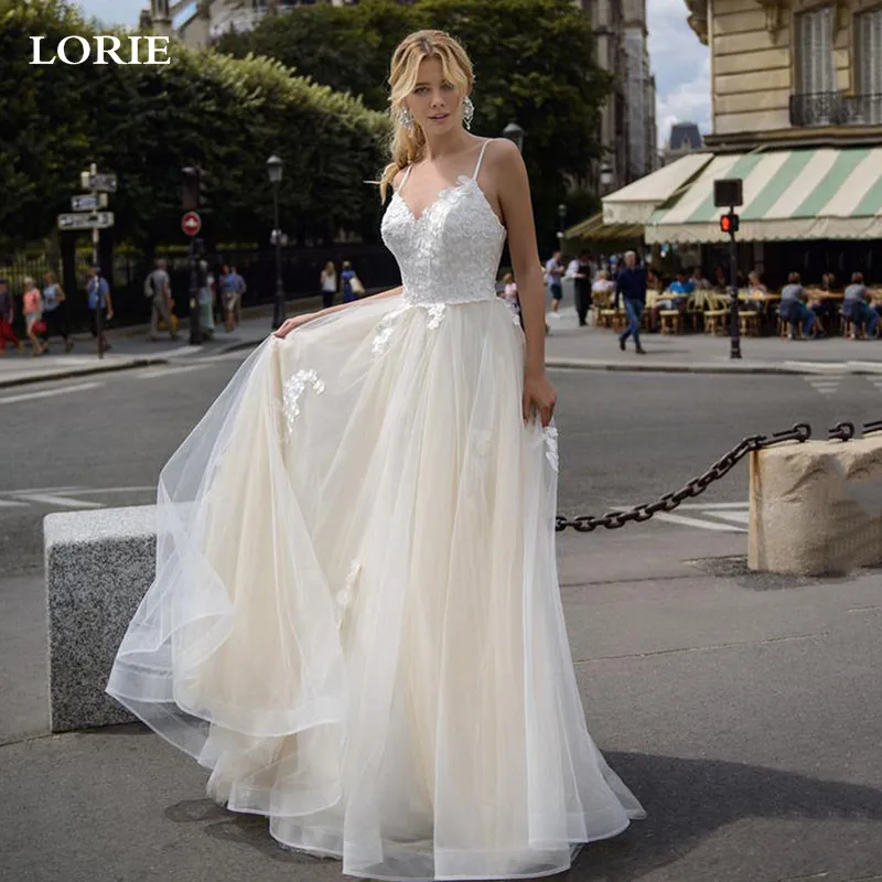 

LORIE New Arrival Lace Champage Wedding Dresses Spaghetti Straps Boho Bride dresses Vestidos De Novia Vintage Wedding Gown