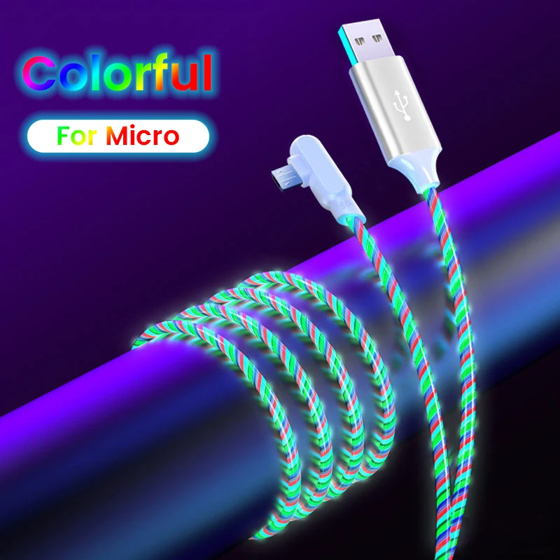 1m/2m 5A Elbow 90 degrees Fast Charging Cable For Samsung Huawei Micro USB Type C Flow Luminous Lighting LED Kable Data Cord fast charging cable for android Cables