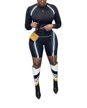 

Women Refective Stripes Splicing O-Neck Long Sleeve Top Short Pants Suit Bodycon 2pcs Set Casual Tracksuit Outfit