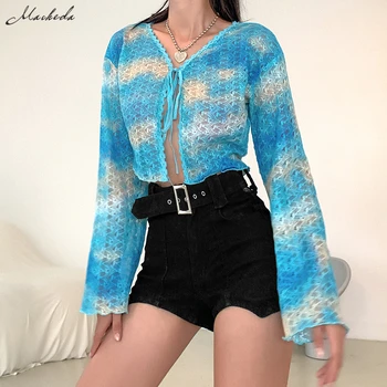 

Macheda Summer Sexy Lace-up T Shirts Fashion Hollow Fabric Split Bandage Long Sleeve Women Slim Blue Cardigan V Neck Clothing