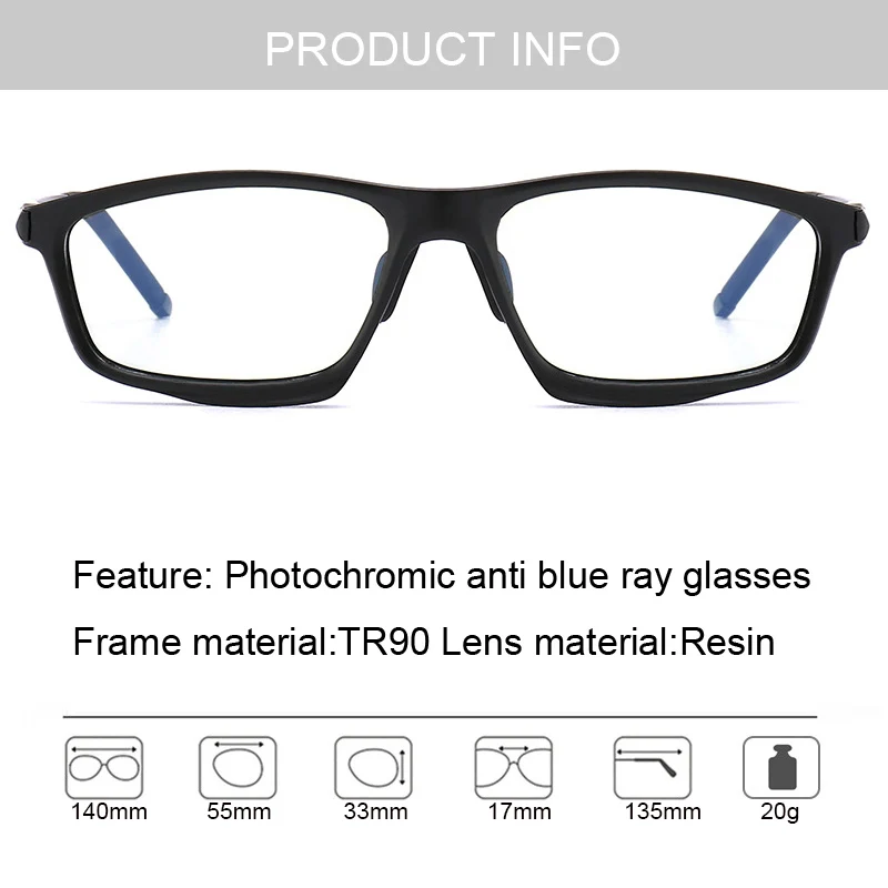 Blue Light Blocker Photochromic Eyeglasses Men Women Rectangular Anti-ray Computer Glasses Frame TR90 Color Change Sun Glasses