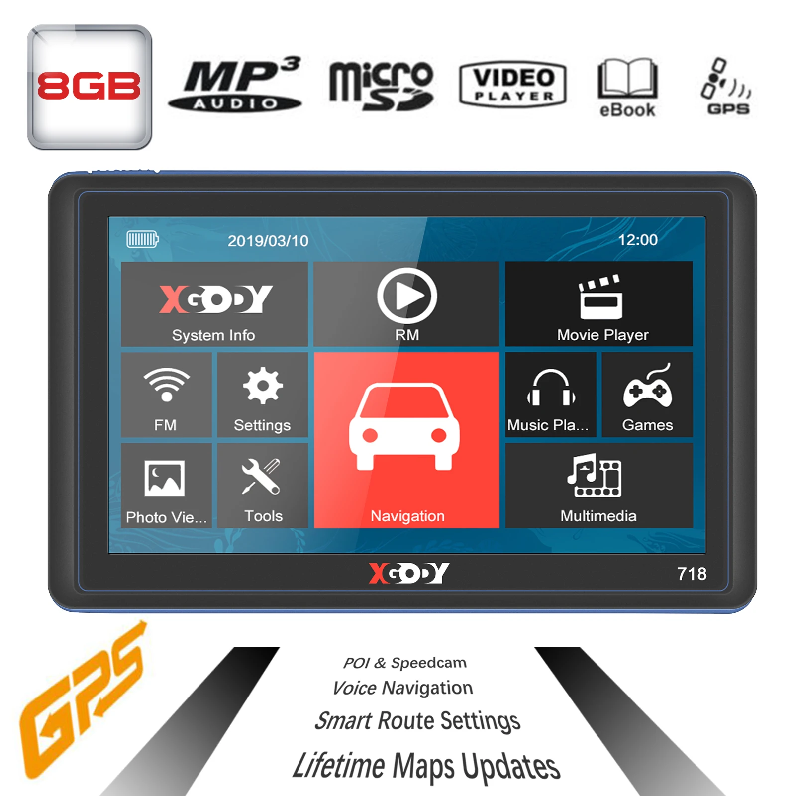 XGODY 718 7 Inch Car GPS Navigation 256M+8GB FM Touch Screen Sat.