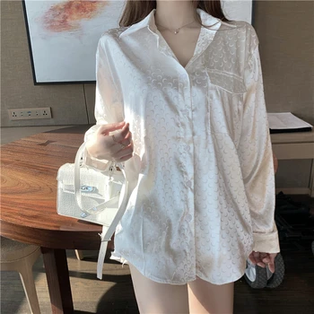 

Women Shirts And Blouses 2020 Feminine Blouse Satin Top Long Sleeve Casual White Turn-down Collar Ol Style Women Loose Blouses