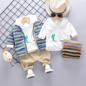 

New Spring Fashion Casual Cactus Print Striped Boy Set Hoodie Pants Cardigan 3pcs Toddler Children's Set 0-3T Baby Boy Clothes