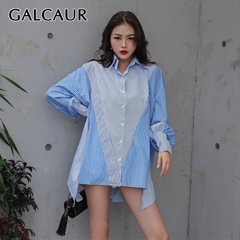 GALCAUR Asymmetrical Striped Patchwork Blouse For Women Lapel Collar Lantern Sleeve Female Blouses Casual Fashion 2020 New | Женская