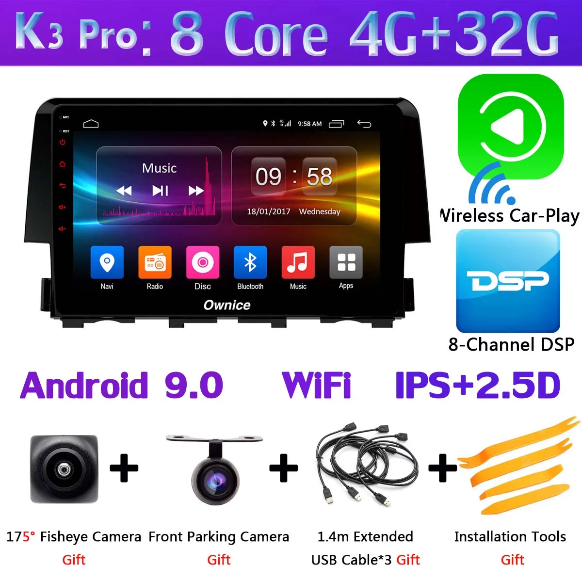 Панорамная камера на 360 ° Android 9,0 4G+ 64G gps радио CarPlay SPDIF DSP Автомагнитола плеер для Honda Civic - Цвет: K3 Pro CarPlay