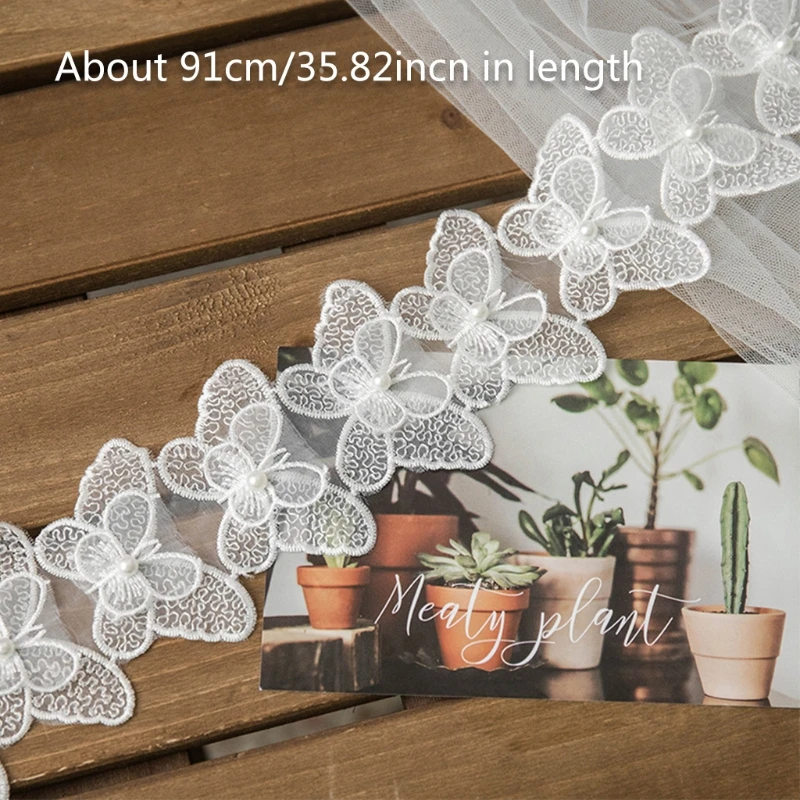 1 Yard Butterfly Embroidered Lace Trim Ribbon Pearl Beaded DIY Sewing Applique F3MD