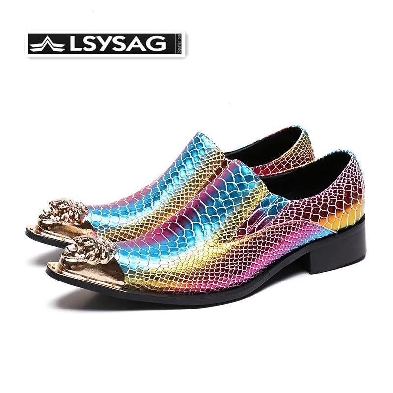 

Luxury Men Shoes with Metal Toe Mixed Colors Wedding Dress Shoes Genuine Leather Party Business Shoes Slip on Plus Size