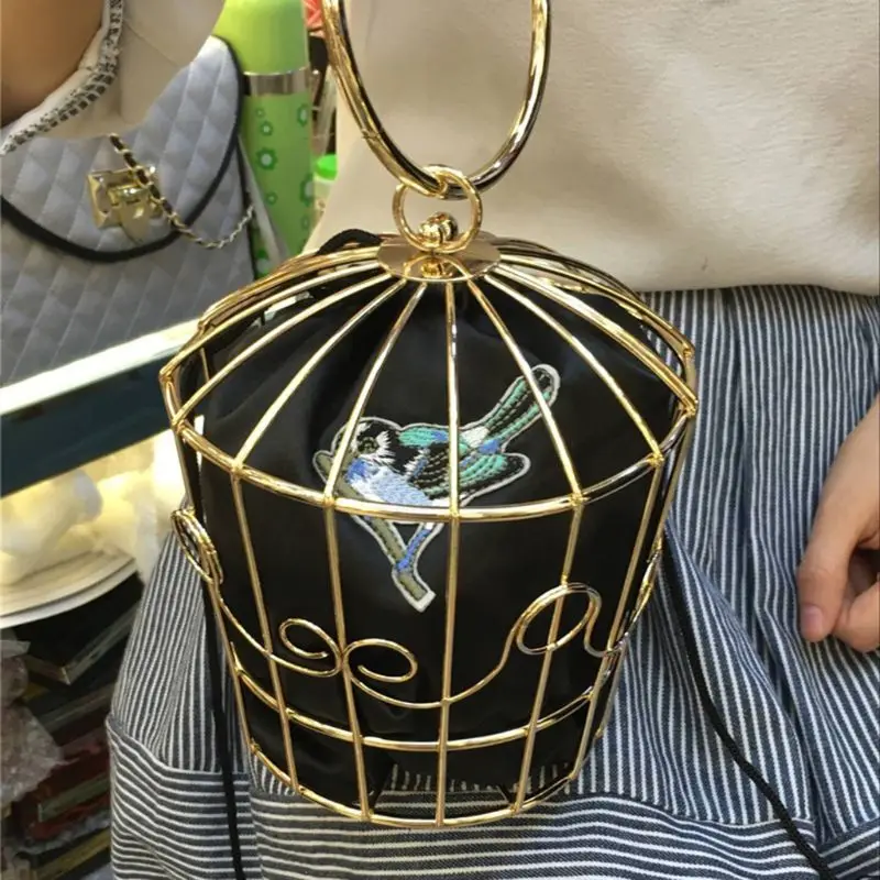 Women's Birdcage Evening Bag Clutch Metal Frame Embroidery Bucket Bird Cage Mini Purse Women Tassel Handbag F42A