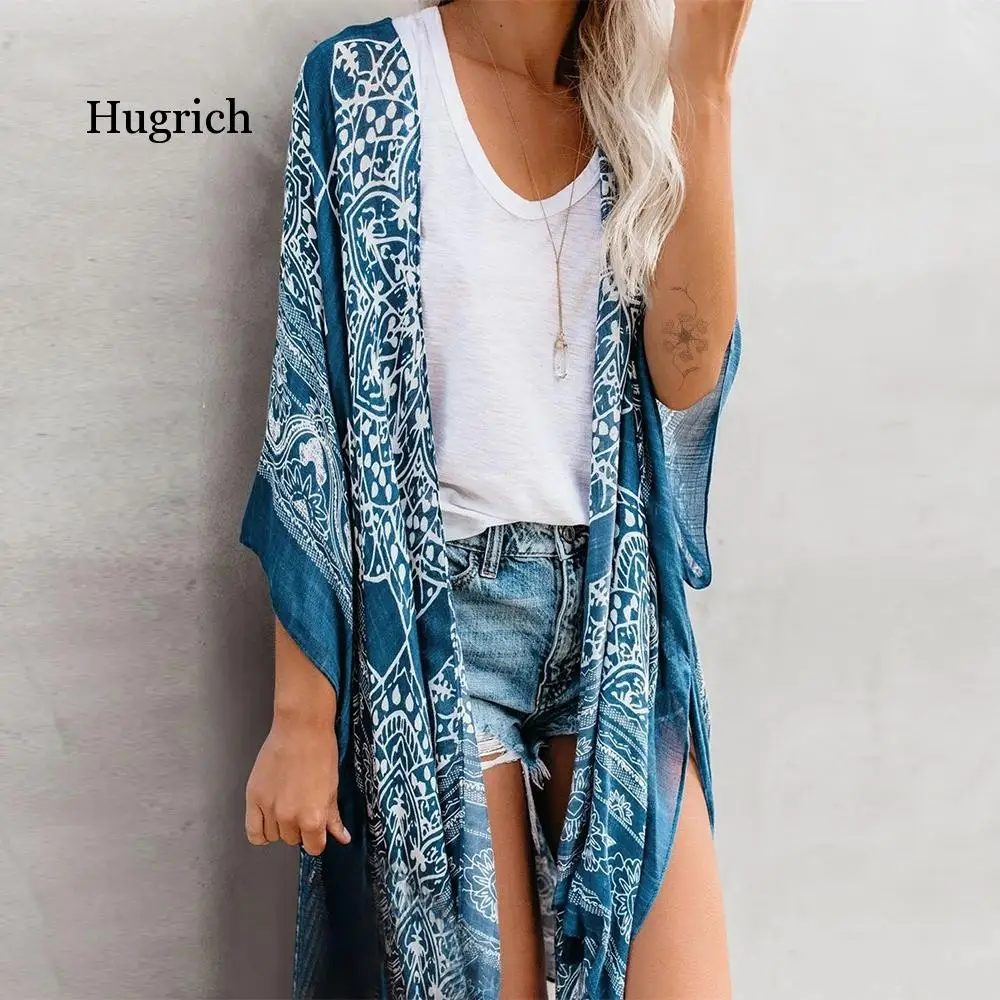 

Boho Bohemian Print Blue Summer Beach Wear Long Kimono Women Swimsuit Cover Up Plus Size Bikini Coverup Sarong Plage