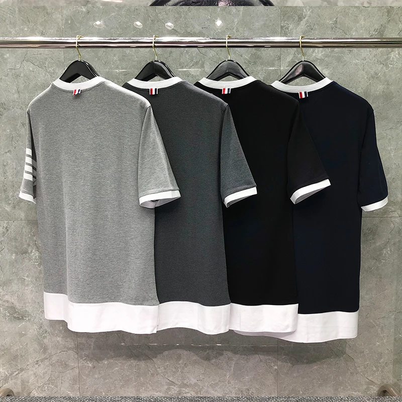 TB THOM T-shirt Summer Men Lovers Casual Wholesale Clothing Pure Cotton Jersey Short Sleeve White 4-Bar Patchwork sweatshirt image_1