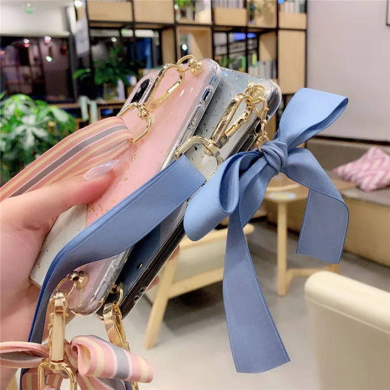 Блестящий Мягкий чехол для телефона из ТПУ с золотистой фольгой и мраморным узором, ожерелье-шнурок с кулоном, лямка на шею для iPhone 6 6s 7 8 Plus Xs Max Xr X