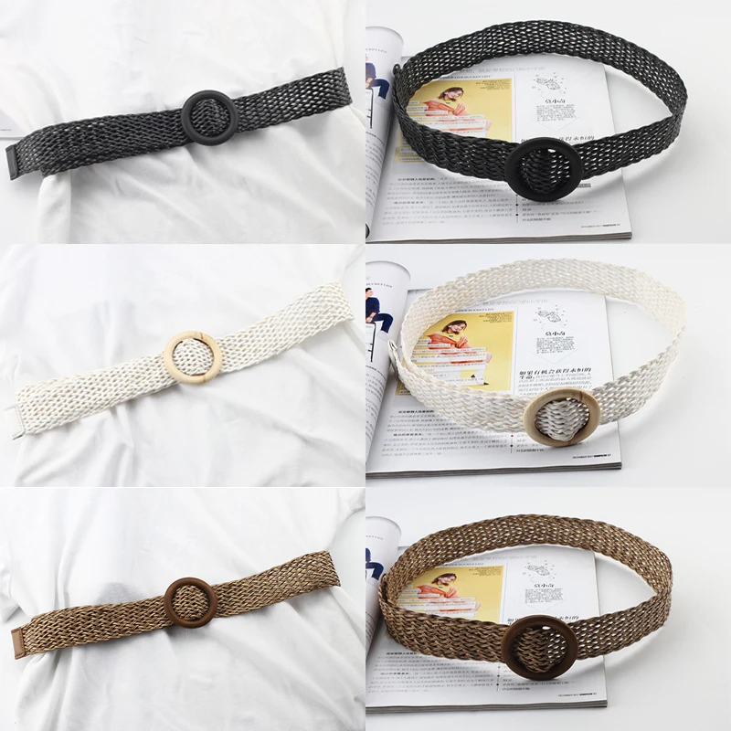 

2019 Woven Belt For Women Jeans Dress Pants Solid Color Waist Belt Hollow Ethnic Style Round Buckle Wild Decoration Belt