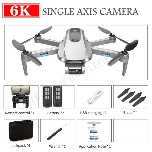 Drone K60 Pro GPS 6K 5G HD Camera System Two Axis Gimbal Camera Brushless Motor Drones Stabilier Distance 1.2km Flight 30 MinBlack