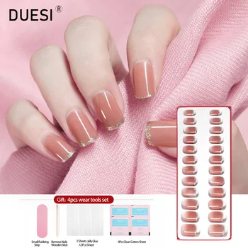 

DUESI 24Pcs/Set French Short False Nails Artificial Tips Full Cover Design Press On Fingernails Fake Extension With Sticker Glue