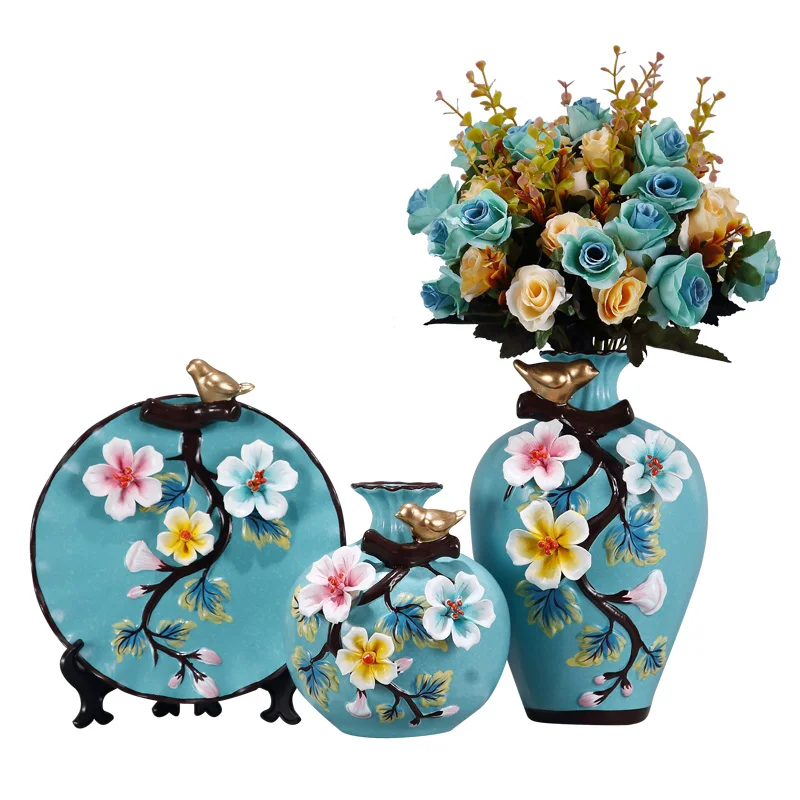

European Style Ceramic Vase Three Piece set Of Dry Flower Arranger Living Room Bogu Shelf Porch Decoration Wine Cabinet Home Dec