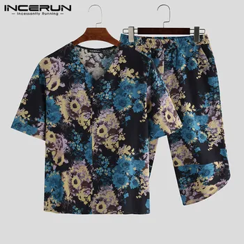 

INCERUN Men Sets Floral Print Vintage V Neck Short Sleeve T Shirts Pants 2 Pieces Chinese Style Casual Men Sets Streetwear S-3XL