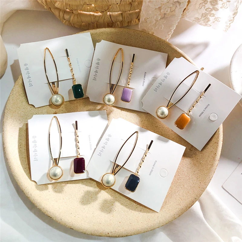 

2 piece set of hairpin color drop oil pearl metal side clip hair clip hair accessories