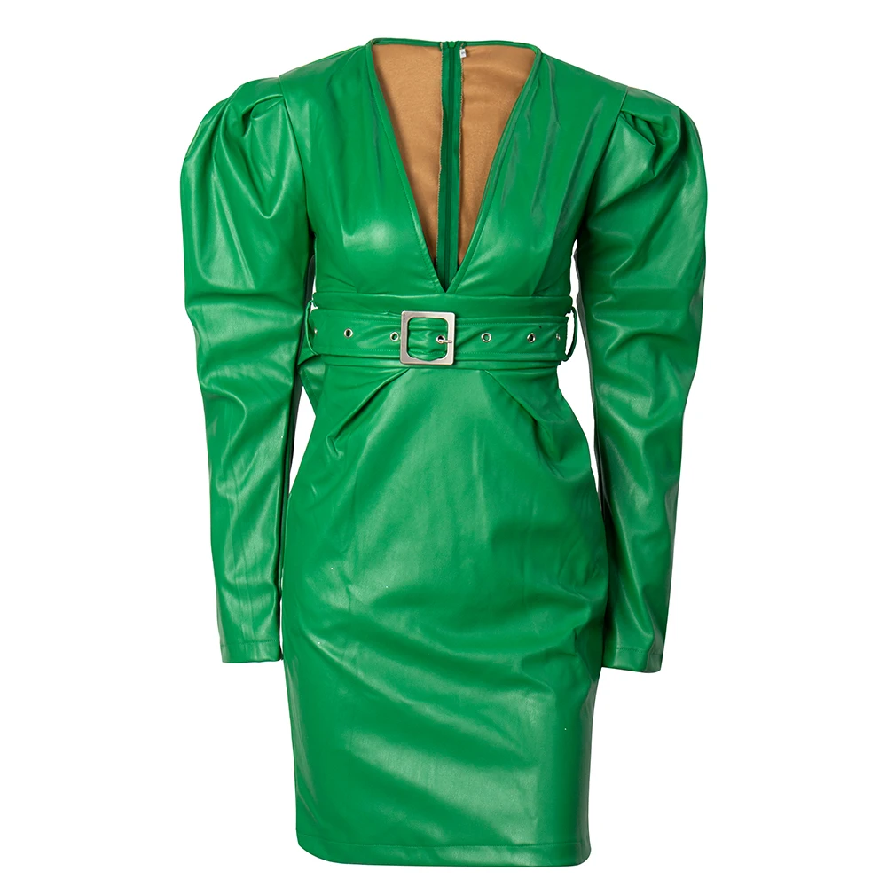 LOVE&LEMONADE; женская обувь; Соблазнительные, зеленые, сексуальное нижнее белье с глубоким v-образным вырезом пузырь в форме сердца с длинным рукавом из искусственной кожи подходят вечерние платье(с поясом) LM81969