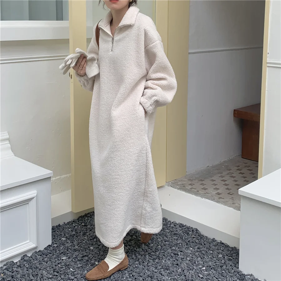 2Colors Winter Long dress for Womens 2022 Korean style Loose Casual Lamb Fur Warm Thick Sweatshirt womens (N0235) | Женская одежда