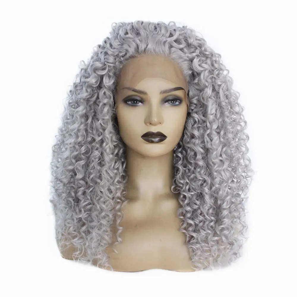 

Grey Long Kinky Curly Wigs For Black Women Heat Resistant Fiber Hair Glueless Synthetic Afro Curly Lace Front Wig with Baby Hair