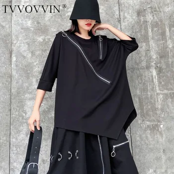 

China Fashion Cropped Sleeve Tshirt Irregular Loose Plus Size Women Tops Trend T Shirt Zipper Decoration Streetwear Tee P049