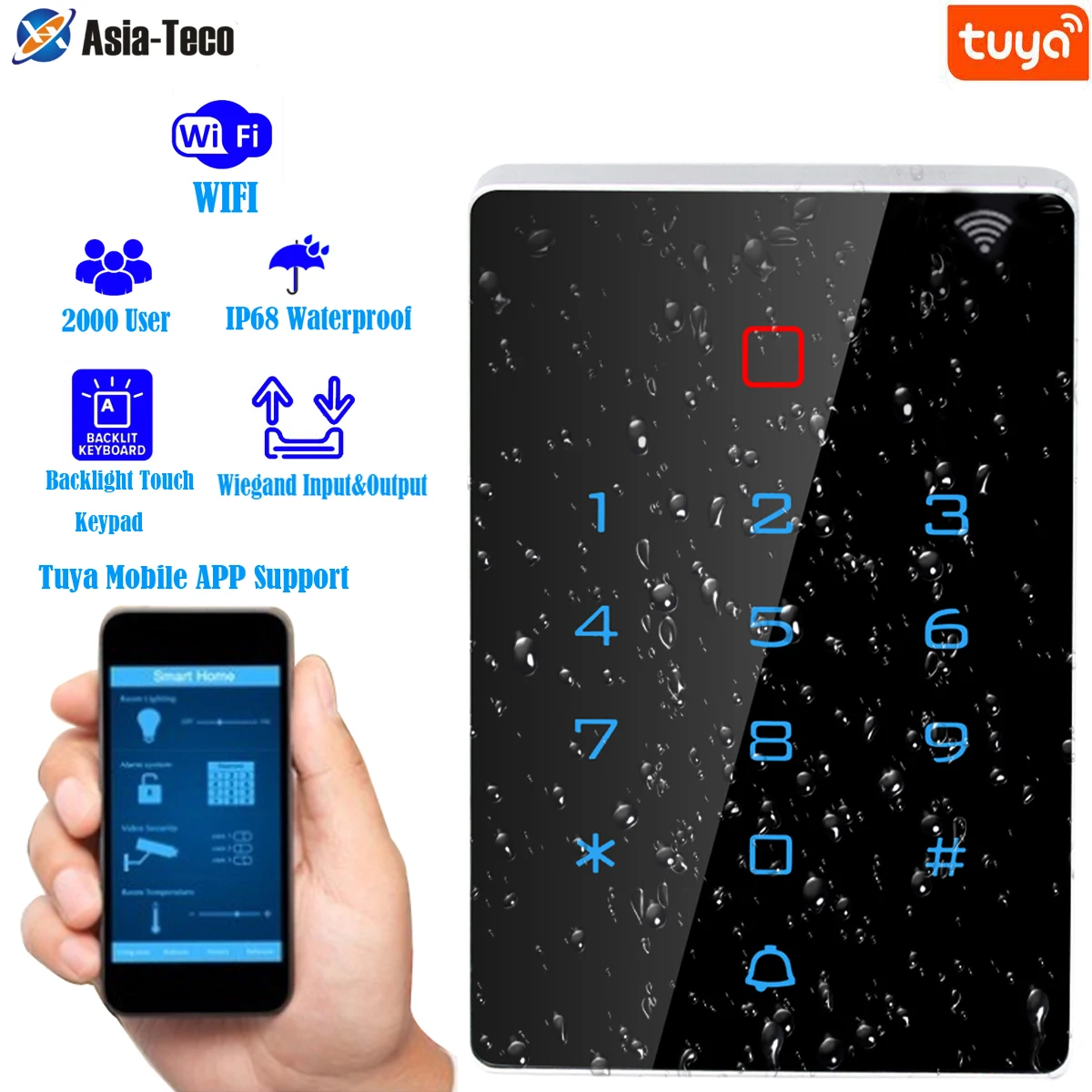 Tuya WiFi 스마트 도어 잠금 장치 독립형 키패드 125Khz 카드 액세스 제어 시스템 IP68 홈 보안 방수