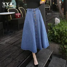 春夏の女性の新ヴィンテージ女性 A ラインハイウエストファッションロング Mid デニムフレアパーティーボタンスカート女性送料無料(China)