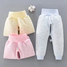 Утепленные штаны для новорожденных мальчиков и девочек, хлопковые штаны с высокой талией и открытым шаговым швом для малышей