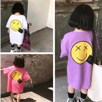 

Casual fashion summer boys and girls T-shirt women loose long back big smile face printed T-shirt cute funny boys and girls top