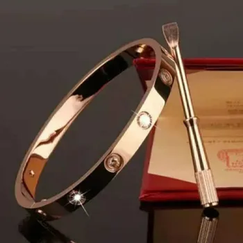 

Steel fine quality gold cuff bangle bracelet mirror face polished crysals rose gold Lovers Valentine's Day gift jewelr