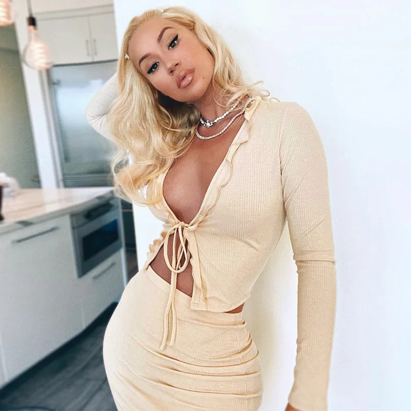 

La Moda New 2022 Spring Ins Street Lace Tie Two Piece Set Club Outfits Long Sleeve Crop Tops And Mini Skirts Bodycon Dress