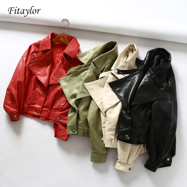 US $27.77 Fitaylor Women Faux Leather Jacket Batwing Sleeve Vintage Biker Coat Short Zipper Motor PU Red Jack