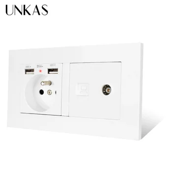 

UNKAS Plastic Panel French Standard Electric Socket with 2 USB + RJ45 Internet Jack and Television Port Power Outlet