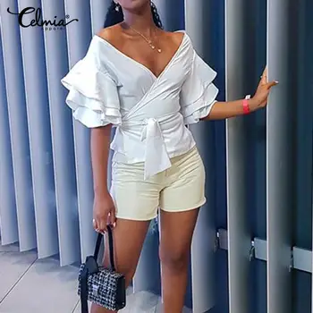 

Celmia 2020 Fashion Solid Ruffles Blouse Women Puff Sleeve Deep V-Neck Sexy Shirt Casual Slim Bandage Tops Ladies Elegant Blusas