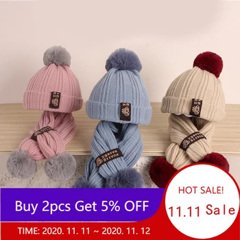 

KIds Toddler Girl&Boy Baby Winter Crochet Knit Cap Scarf Set Children Cotton Thicken Beanie Hairball Color Hat With Pompom 1-7T